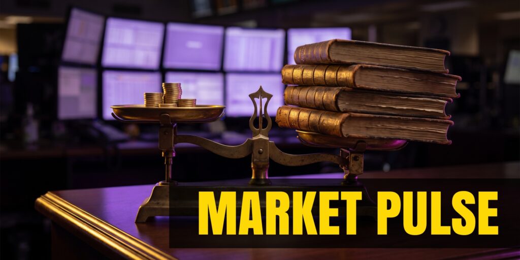 Brass mérleg egy tőzsdetermi asztalon, a főkönyvek lehúzzák a serpenyőt, az aranyérmék fent, arany-lila fényben, MARKET PULSE